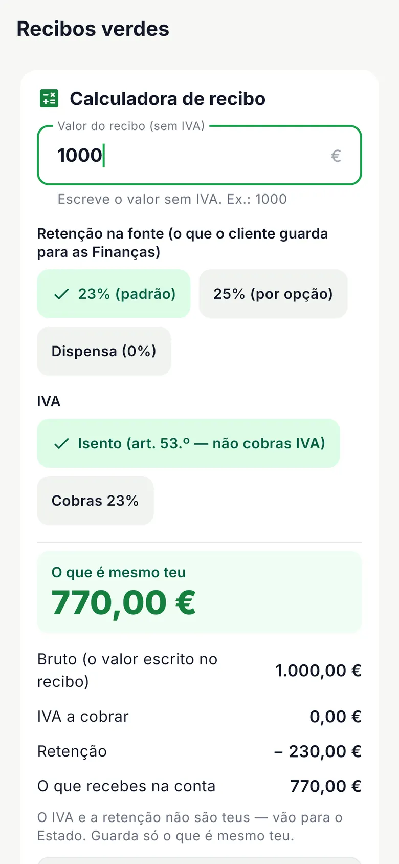 Ecrã Recibos: calculadora do recibo verde com o que recebes na conta
