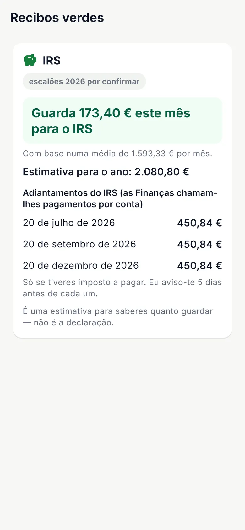 Ecrã Quanto guardar para o IRS com o valor mensal a pôr de lado